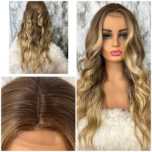 26 in lace front Closure 4x2 dark root blonde balayage Curly Wig - Picture 2 of 9